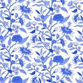 Seamless pattern with monochrome blue chinoiserie hand drawn motifs