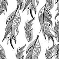 Seamless pattern of monochrome feathers style zentangle Royalty Free Stock Photo