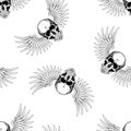 Seamless pattern of monochrome skull with wings illustration. Vector illustration template