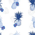 Seamless pattern. monotone blue Pineapple and hibiscus background. Vector illustration. Design for invitations, greeting cards, Royalty Free Stock Photo