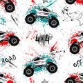Seamless pattern with monster track, grunge texture and text.