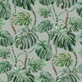 Seamless pattern with monstera flower painted in watercolor on a gray background