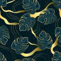 Seamless pattern with monstera and golden lines Royalty Free Stock Photo