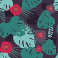 seamless pattern. Monstera leafs, flowers. Tropic green seamless patern on white background. Vector illustration.