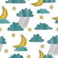 Seamless pattern with moon, clouds and stars. Royalty Free Stock Photo