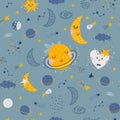 Seamless pattern with moon, comets, planets and stars . Fabric print. Vector illustration