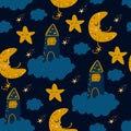 Seamless pattern with moon and house on a cloud - vector illustration, eps Royalty Free Stock Photo