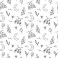 Seamless pattern with moon, leaves, moth. Mysterious wood illustration