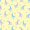 Seamless pattern of the moon and stars in soft pastel colors. Vector repeating illustration for children`s bedrooms and clothes