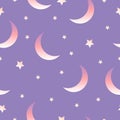 Seamless pattern with moon and stars. Violet backround. Purple, pink and white gradients. Cartoon style. For kids design. Post