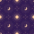Seamless Pattern Moon Sun Rays Stars, Magic Background Vector Illustration Royalty Free Stock Photo