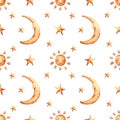 Seamless pattern with moon, sun and stars. Watercolor kids background with cute cartoon illustration for children textile,