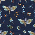 Seamless pattern with moth butterfly and magic elements on blue