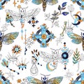 Seamless pattern with moth, plants and mysterions, magic signs on white