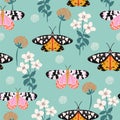 Seamless pattern with moths, flowers, and butterfly. Floral background