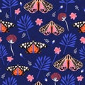 Seamless pattern with moths, flowers, and butterfly. Floral background. Vector i