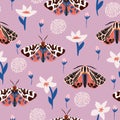 Seamless pattern with moths, flowers, and butterfly. Floral background. Vector i