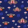 Seamless pattern with moths, flowers, and butterfly. Floral background Vector i