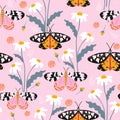 Seamless pattern with moths, flowers, and butterfly. Floral background. Vector i