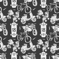 Seamless pattern with motorbike surfboard skate roller moped and bicycle.