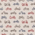 Seamless pattern with motorcycles of different models drawn with colorful contour lines on light background - chopper