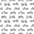 Seamless pattern with motorcycles of various types drawn with black contour lines on white background - chopper, bobber