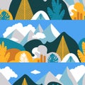 Seamless pattern with mountain hilly landscape with tropical plants and trees, palms. Scandinavian style.