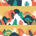 Seamless pattern. Mountain hilly landscape with tropical plants and trees, palms, succulents. Scandinavian style.