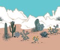 Seamless pattern with mountains, blooming cacti, opuntia, blue agave, and saguaro. Desert landscape. Vector background