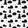 Seamless pattern of mountains, trees, clouds, rain, christmas tree. Vector scandinavian hand-drawn children illustration. For bann