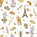 Seamless pattern with mouse chef, eggs, flour sack, croissant, Crispy French baguettes in craft bag with bunch of