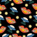 seamless pattern with mouths stars and ufo in hippie style