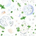 Seamless pattern with mozzarella, feta, ricotta and bri cheese and herbs. Watercolor illustration for fabric textile Royalty Free Stock Photo