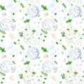 Seamless pattern with mozzarella, feta, ricotta and bri cheese with herbs. Watercolor illustration for fabric textile Royalty Free Stock Photo