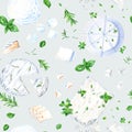 Seamless pattern with mozzarella feta ricotta and camembert cheese and herbs. Watercolor illustration for fabric textile Royalty Free Stock Photo