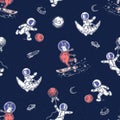 Seamless pattern ms aliens and astronauts. Alien rides on a skateboard.