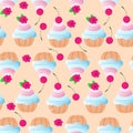 Seamless pattern muffins or muffins with cream and cherries and raspberries in cartoon style. Design for textiles.