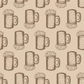 Seamless pattern with mugs of beer on beige background