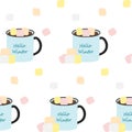 Seamless pattern of mugs with lettering Hello winter, drink and marshmallow in trendy seasonal hues Royalty Free Stock Photo