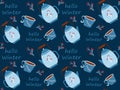 Seamless pattern of mugs and teapots. Inscription Hello, winter. Blue background. Hygge style. Vector illustration for