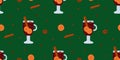 Seamless pattern with mulled wine in glass, anise, cloves, cinnamon stick and citrus slices, vector