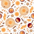 Seamless pattern with mulled wine, orange slices, cinnamon sticks, cloves and cardamom. Flat lay vector Christmas background