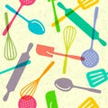 Seamless pattern for multi color utensils. Kitchen spatula, skimmer, rolling pin, spoons, whisk.