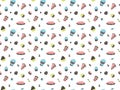 Seamless pattern of multi-colored cakes, pies, sweets, pieces of cake, cocktails and desserts in the Scandinavian style on a white Royalty Free Stock Photo