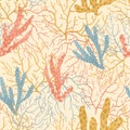 Seamless pattern with multi-colored corals. illustration of marine organisms corals of yellow, pink, blue colors on a