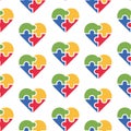 Seamless pattern, multi-colored hearts puzzles on a white background. Print, textile