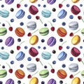 Seamless pattern. Multi-colored macaroon cookies, blueberries, cherries.