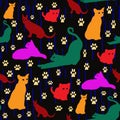 Seamless pattern with multi-colored silhouettes of cats on a dark background. Royalty Free Stock Photo