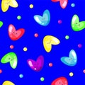Seamless pattern with multicolor hearts and dots look like candies isolated on the blue background. Vector illustration