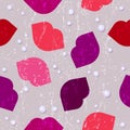 Seamless pattern. Multicolor lips and pearls on grey-pink background. Beauty background.